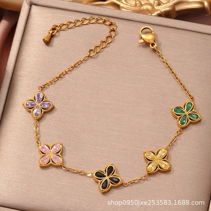 Crystal Zircon Four Leaf Flower Jewelry Set Bracelet Necklace Cute Women's 18k Gold Plated Stainless Steel Chaim Clover Gifts