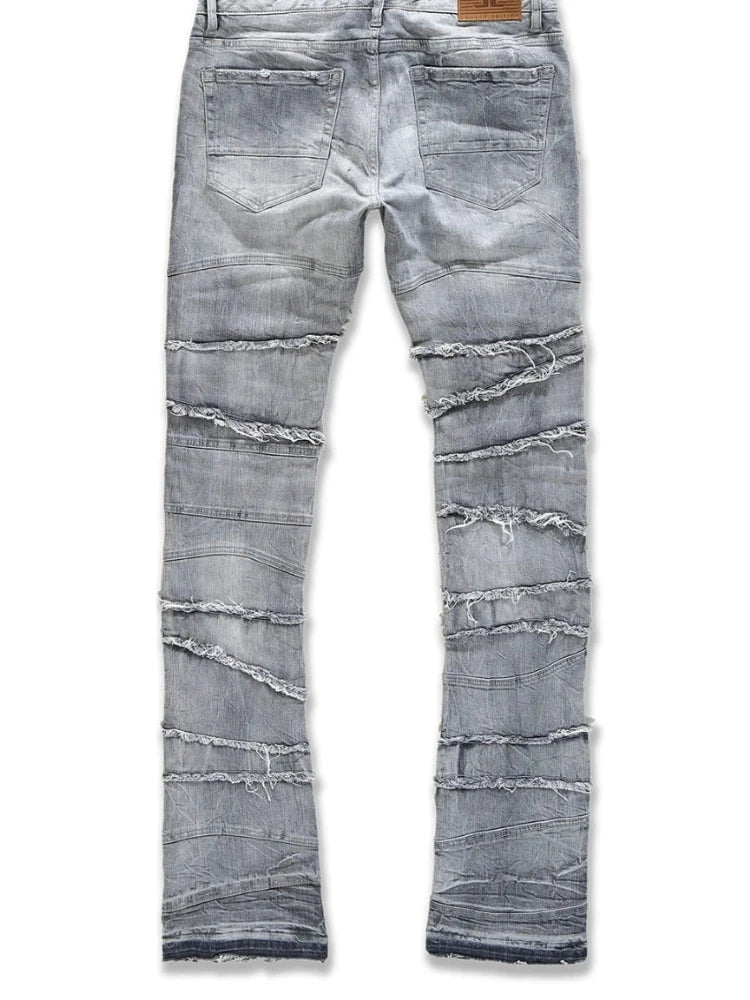 Men's High Street Distressed Stacked Jeans Patchwork Frayed Slim Straight Denim Pants Blue Trendy Fashion Slim Fit Trousers