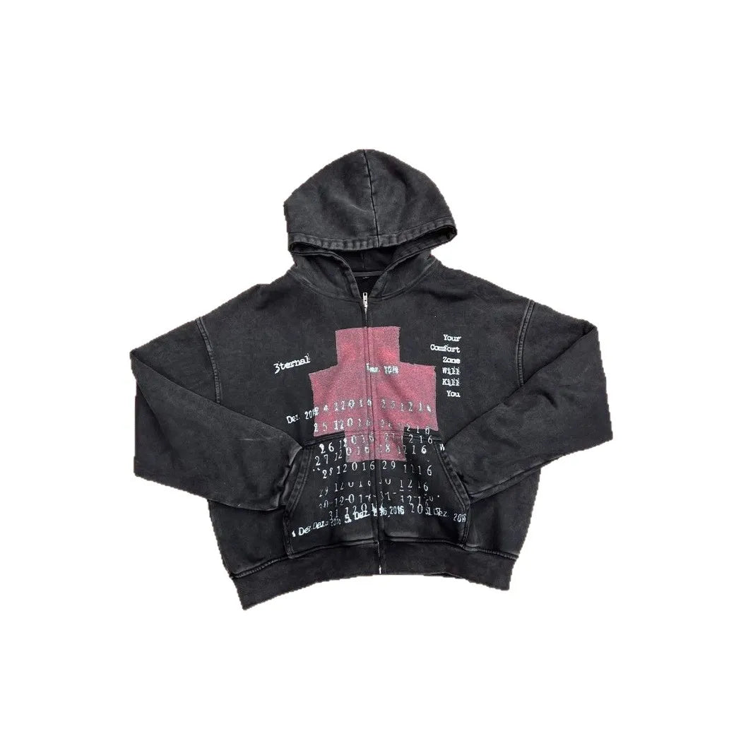 Mens Hoodie Vintage Y2K Streetwear Pullover Gray Sweatshirt Red Cross Print Distressed Style Long Sleeve Casual Dark Fashion