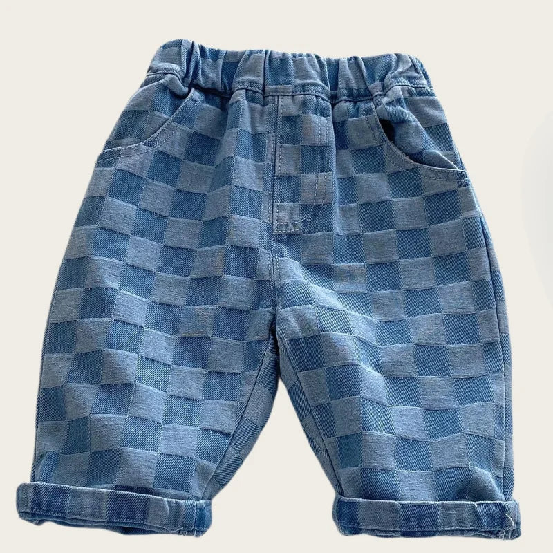 0-5Y Korean Children's Denim Pants Clothes 2026 Checkered Jeans with Stylish and Comfortable Fashion for Little Kids Trousers