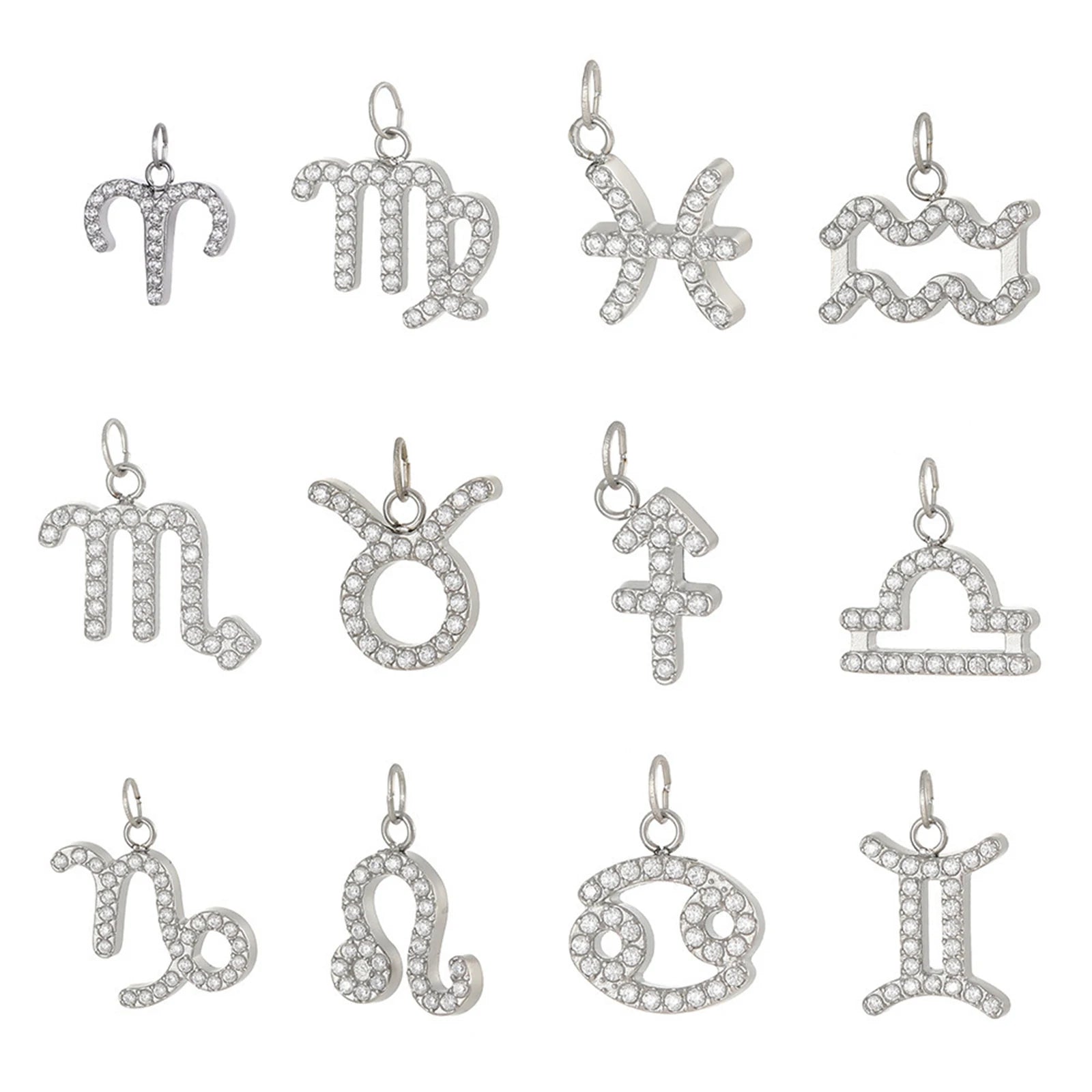 12pcs Gold Plated Stainless Steel Pendant 12 Zodiac Zircon Silver/Gold Color Charms for DIY Necklace Jewelry Making Accessorie