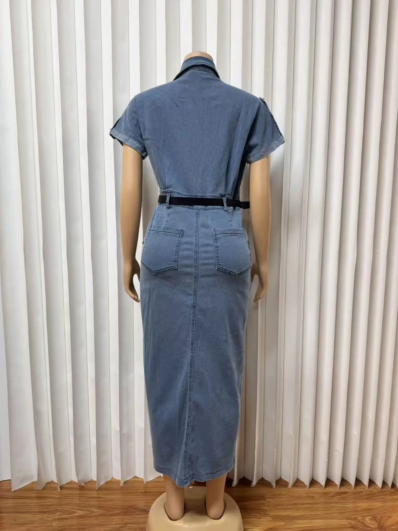 2026 Women's Fashionable Double-Breasted Denim Dress Short-Sleeved Casual Waist Belted New Style