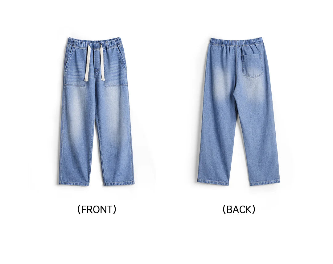 Maden Men's Washed Denim Jeans Wide Leg Straight Pants Elastic Waist Drawstring Loose Fit Casual Trousers for Spring Fall