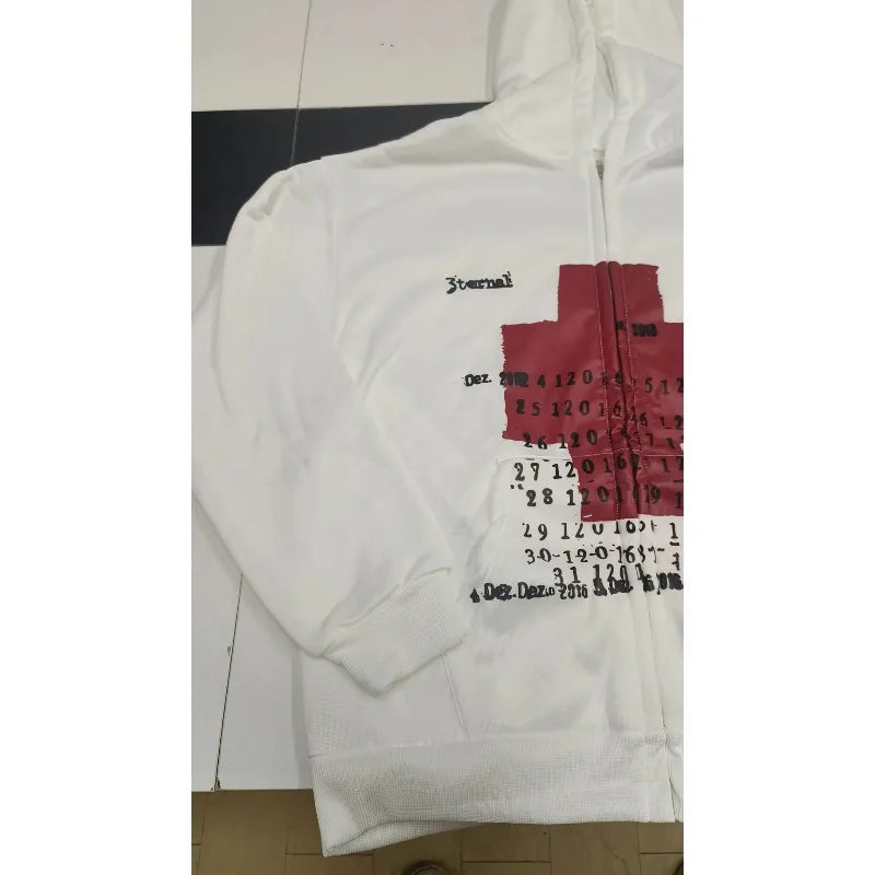Mens Hoodie Vintage Y2K Streetwear Pullover Gray Sweatshirt Red Cross Print Distressed Style Long Sleeve Casual Dark Fashion