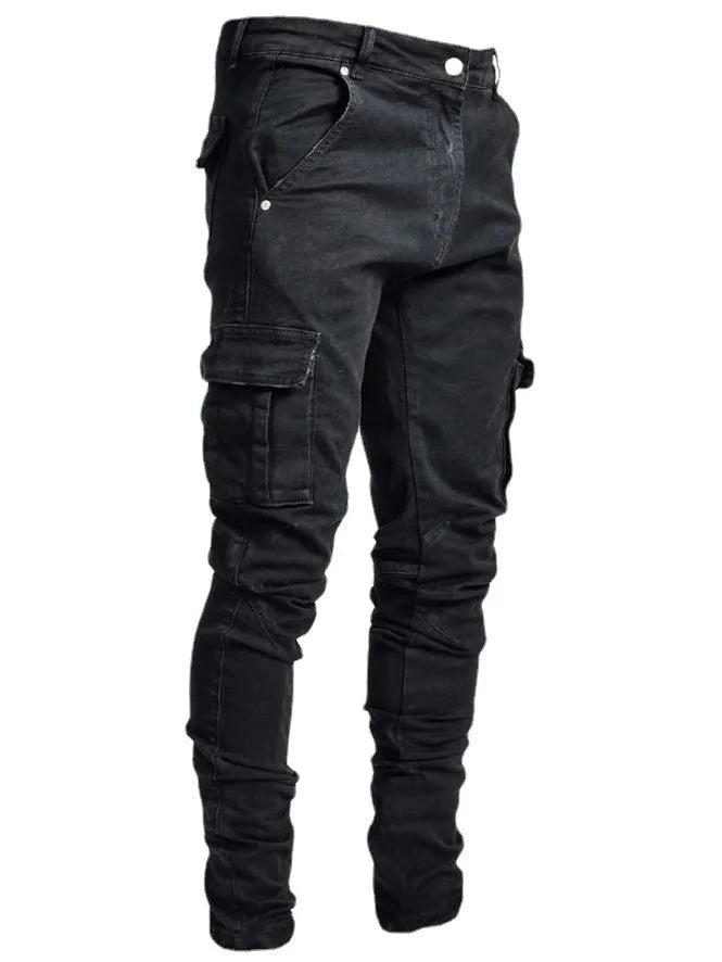 Men's street elastic denim work pants washed solid color multi pocket casual mid waist pants slim fit daily wear jogging pants