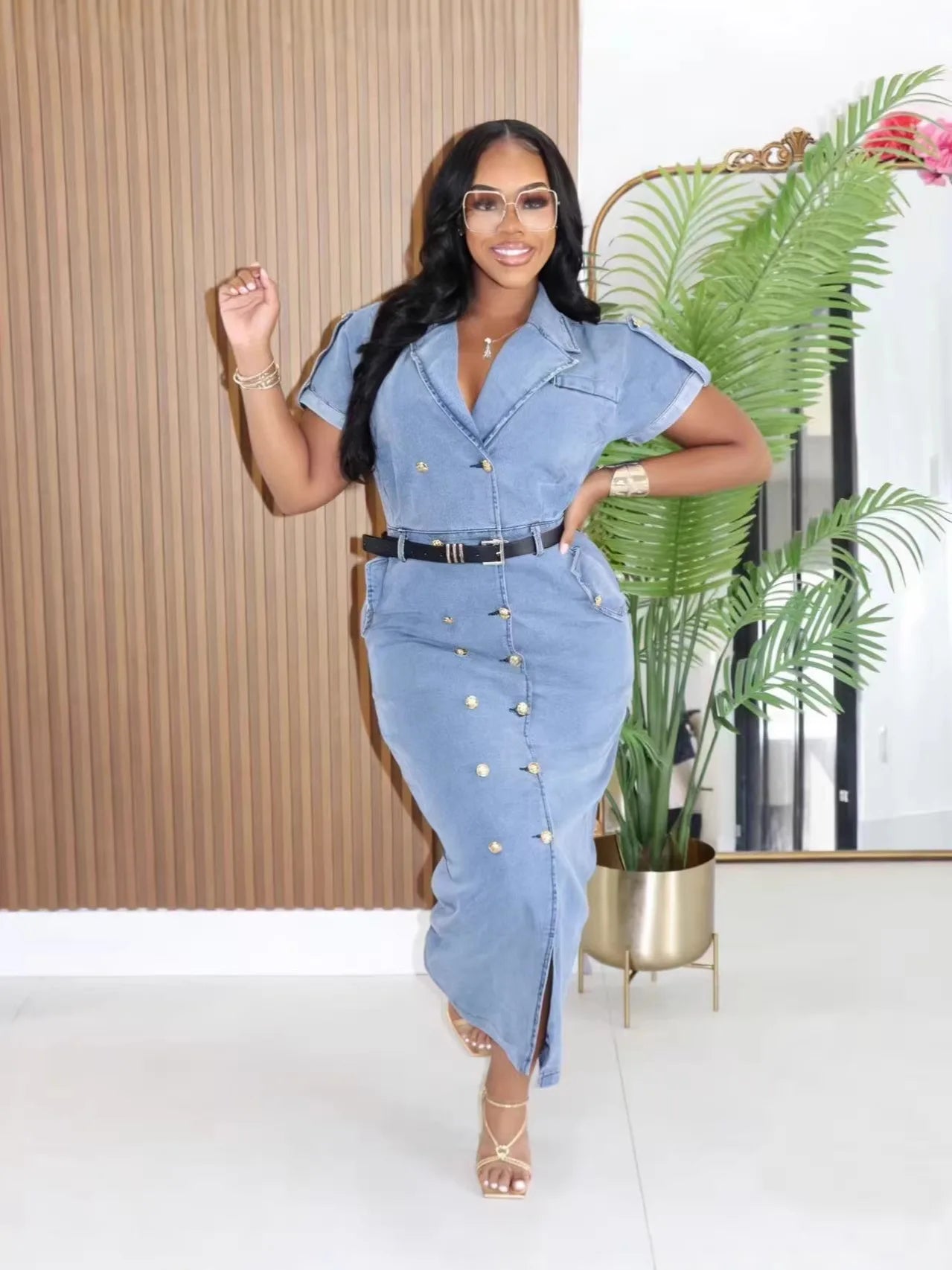 2026 Women's Fashionable Double-Breasted Denim Dress Short-Sleeved Casual Waist Belted New Style