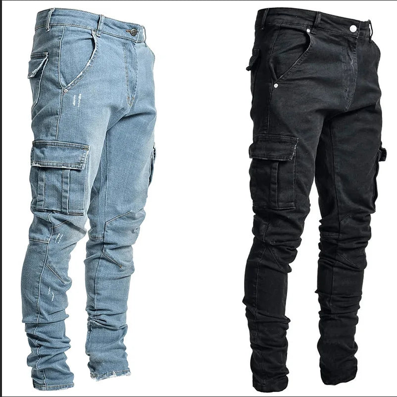 Men's street elastic denim work pants washed solid color multi pocket casual mid waist pants slim fit daily wear jogging pants