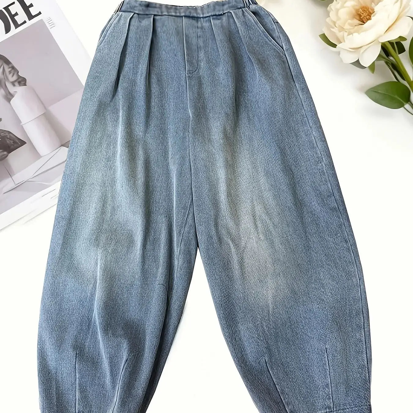 Women's Denim Cropped Pants, Loose Fit, Casual Retro Harem Pants