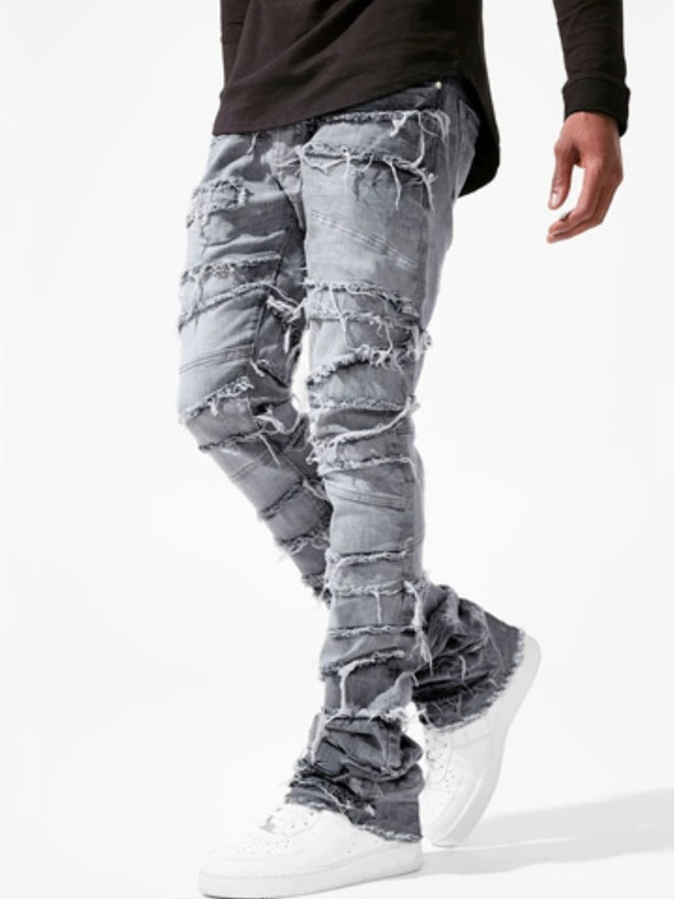 Men's High Street Distressed Stacked Jeans Patchwork Frayed Slim Straight Denim Pants Blue Trendy Fashion Slim Fit Trousers