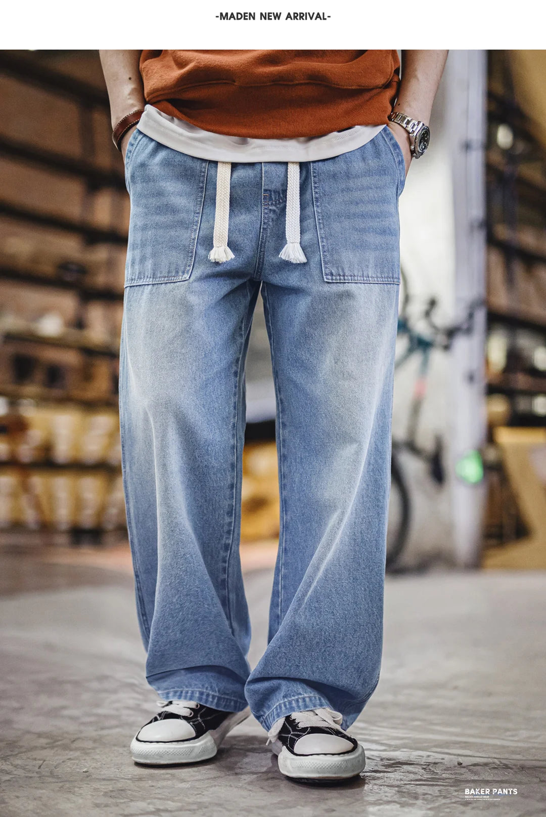 Maden Men's Washed Denim Jeans Wide Leg Straight Pants Elastic Waist Drawstring Loose Fit Casual Trousers for Spring Fall