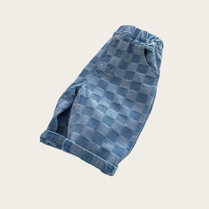 0-5Y Korean Children's Denim Pants Clothes 2026 Checkered Jeans with Stylish and Comfortable Fashion for Little Kids Trousers