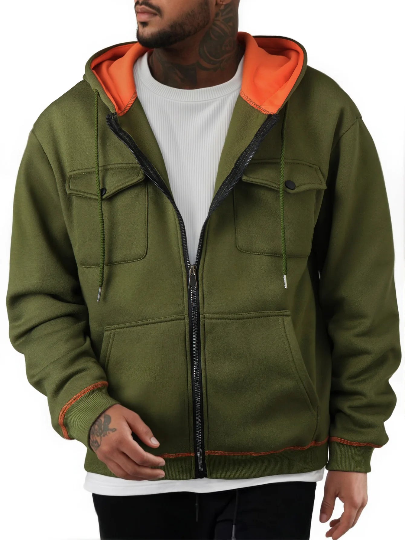 High Street Hoodie Men's Solid Color Chest Two Pocket Zipper Long Sleeve Loose Jacket Jacket Casual Hoodie Y2K