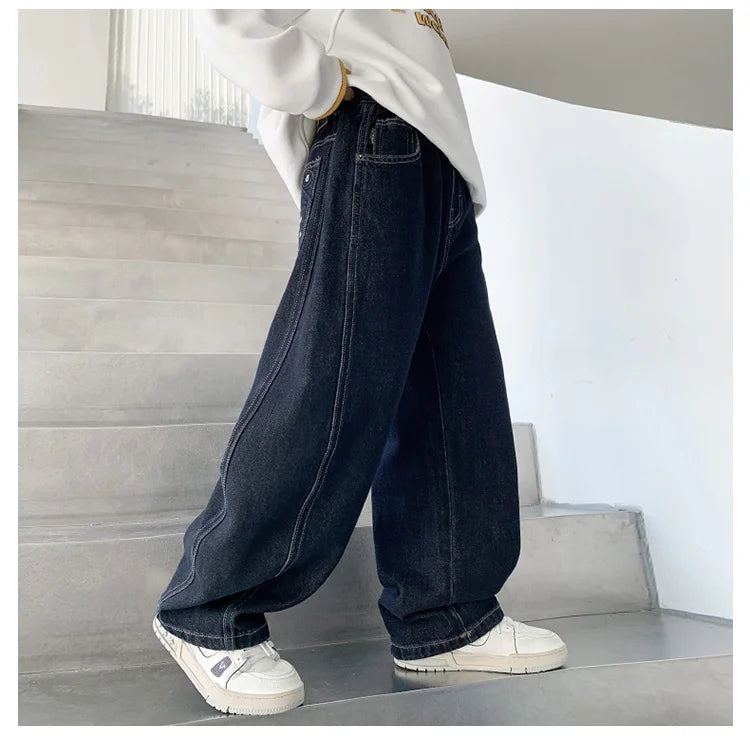 Children Vintage Dark Blue Denim Jeans with Pockets for Teens Boys New Casual Pants Kids High Quality Spring Autumn Trousers
